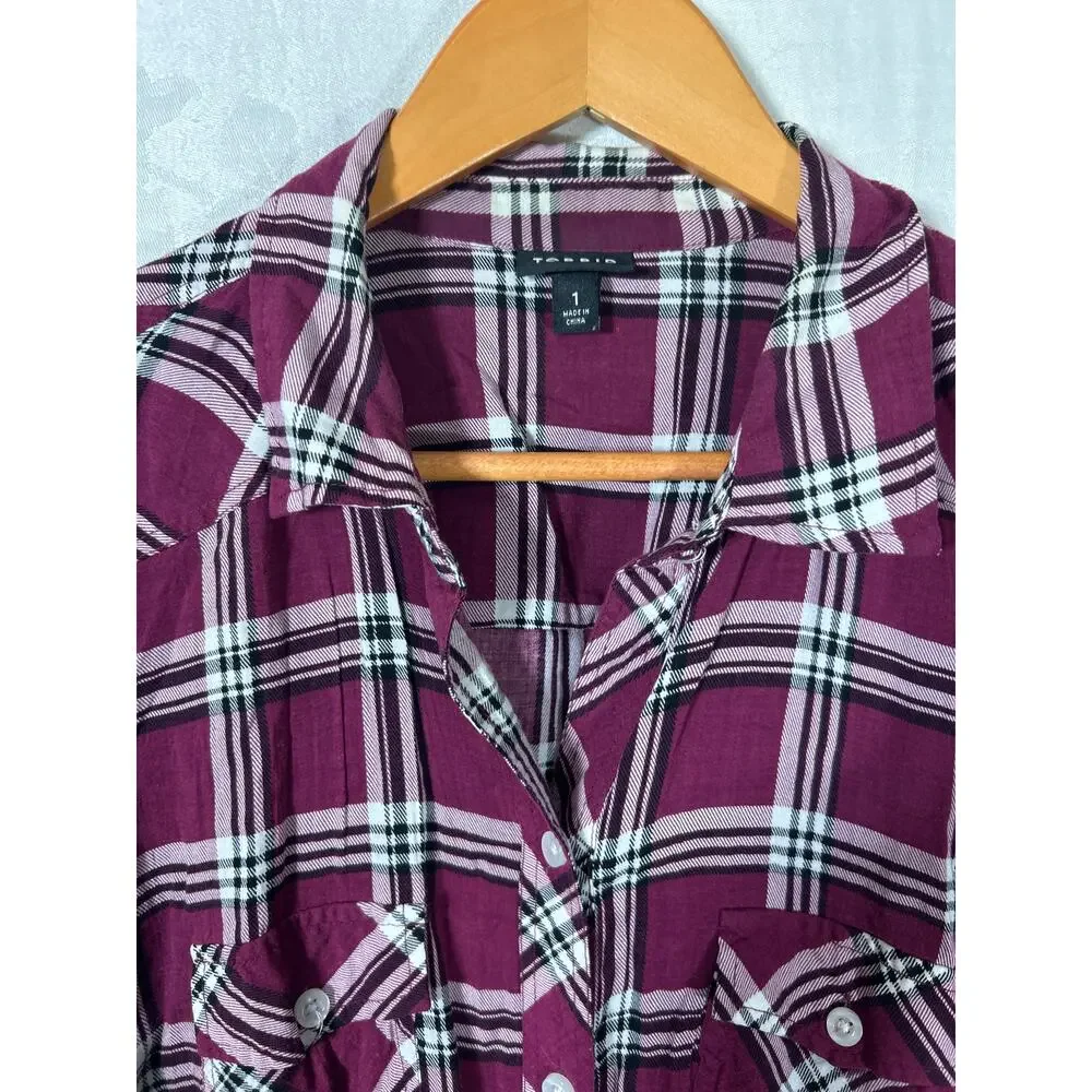 Torrid Button Up 1 1X Burgundy Plaid Lightweight - Picture 4 of 10
